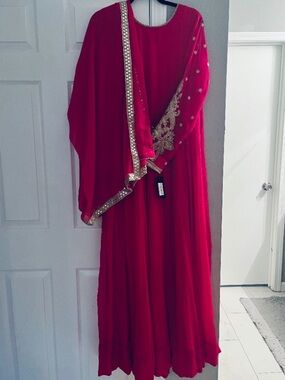 Bright Fuchsia Embellished Ethnic Gown with Dupatta